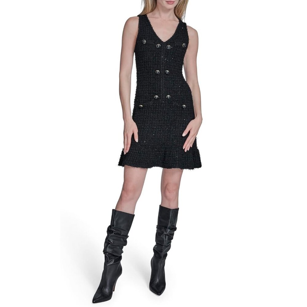 BCBG Black Sleeveless V-Neck Stretch Knit Sweater A-line Mini Dress Sz Large NWT